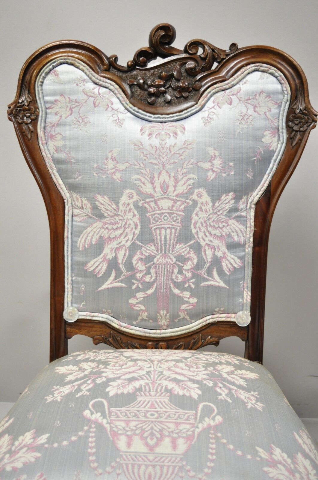 Victorian Floral Scrollwork Carved Mahogany Parlor Slipper Side Chairs - a Pair