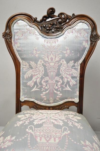 Victorian Floral Scrollwork Carved Mahogany Parlor Slipper Side Chairs - a Pair