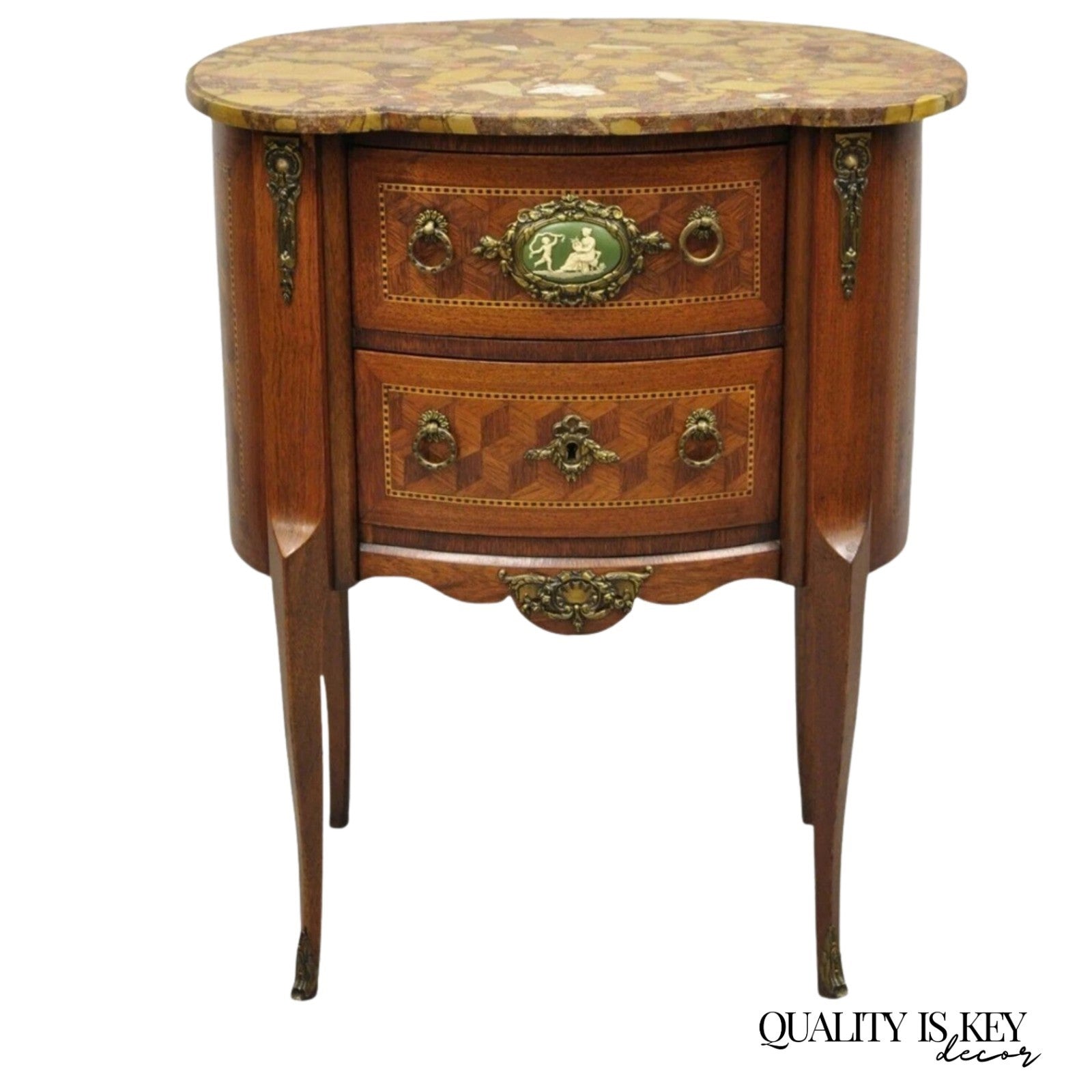 Antique French Louis XV Style Marble Top Bombe Commode Nightstand Side Table