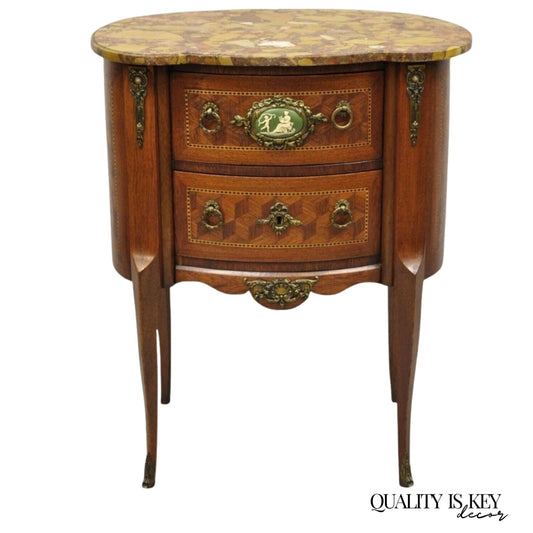 Antique French Louis XV Style Marble Top Bombe Commode Nightstand Side Table