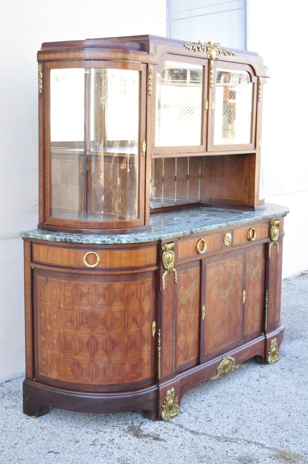 Antique French Louis XV Style Marble Top Bowed Glass Bronze Ormolu Sideboard