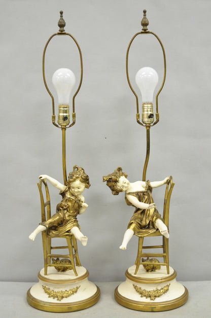 Juan Clara "Girl on Chair Playing with Kittens" Metal Figural Table Lamps - Pair