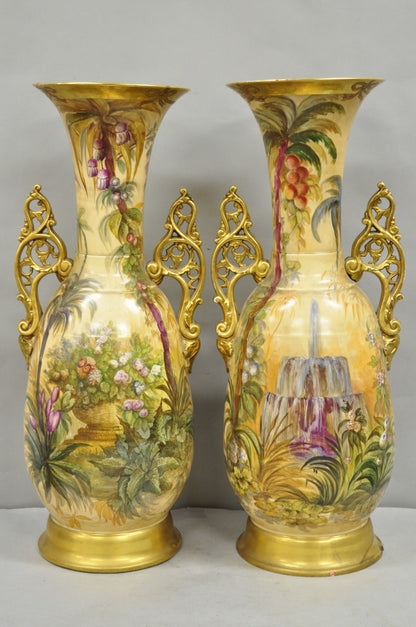 Antique Chinoiserie French Porcelain Hand Painted Orientalist Large Vases - Pair