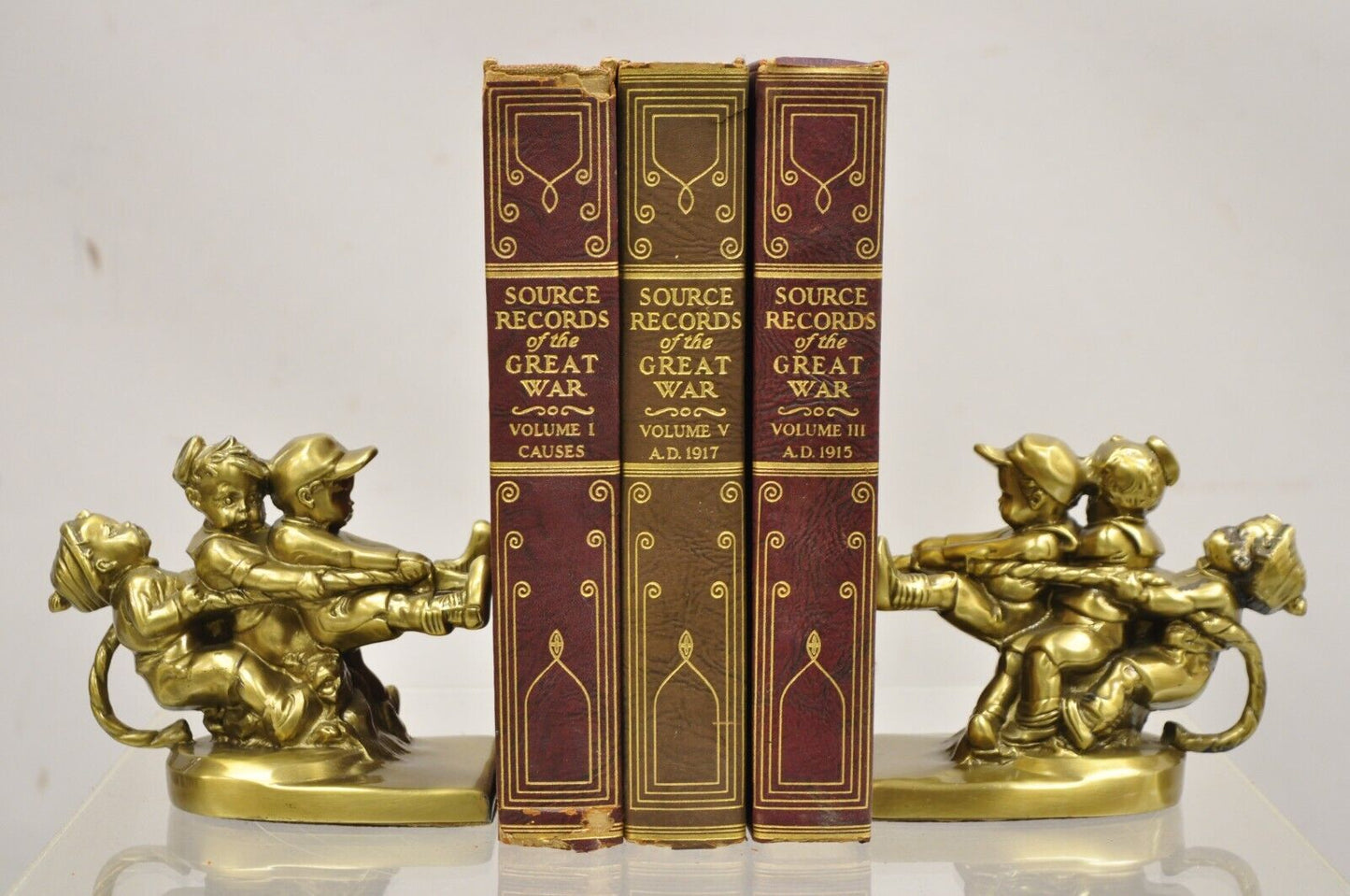 Vintage PM Craftsman "Tug of War" Brass Children Playing Figural Bookends - Pair