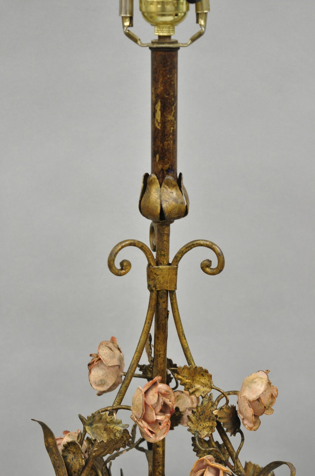 Italian Hollywood Regency Gold Gilt Iron Metal Pink Rose Tall Table Lamps Pair