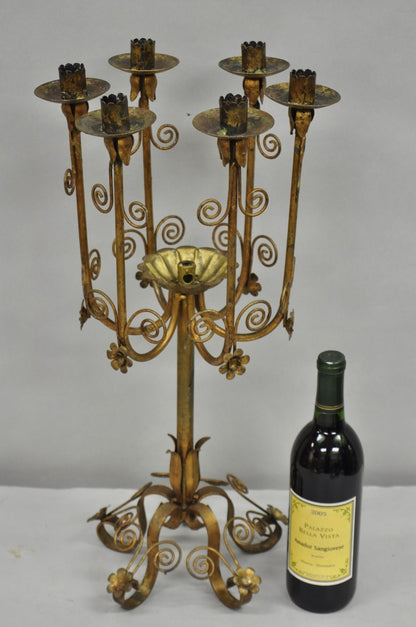 Vintage Italian Hollywood Regency Gold Gilt Iron Scrolling 6 Arm Candelabra