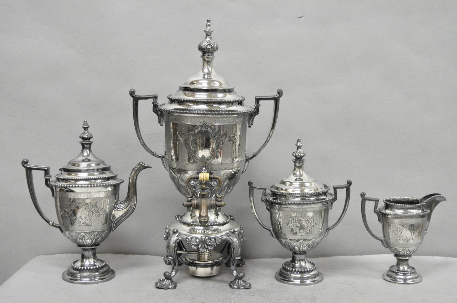 Antique Reed & Barton 1929 English Regency Silver Plated Samovar Tea Set 4 Pcs