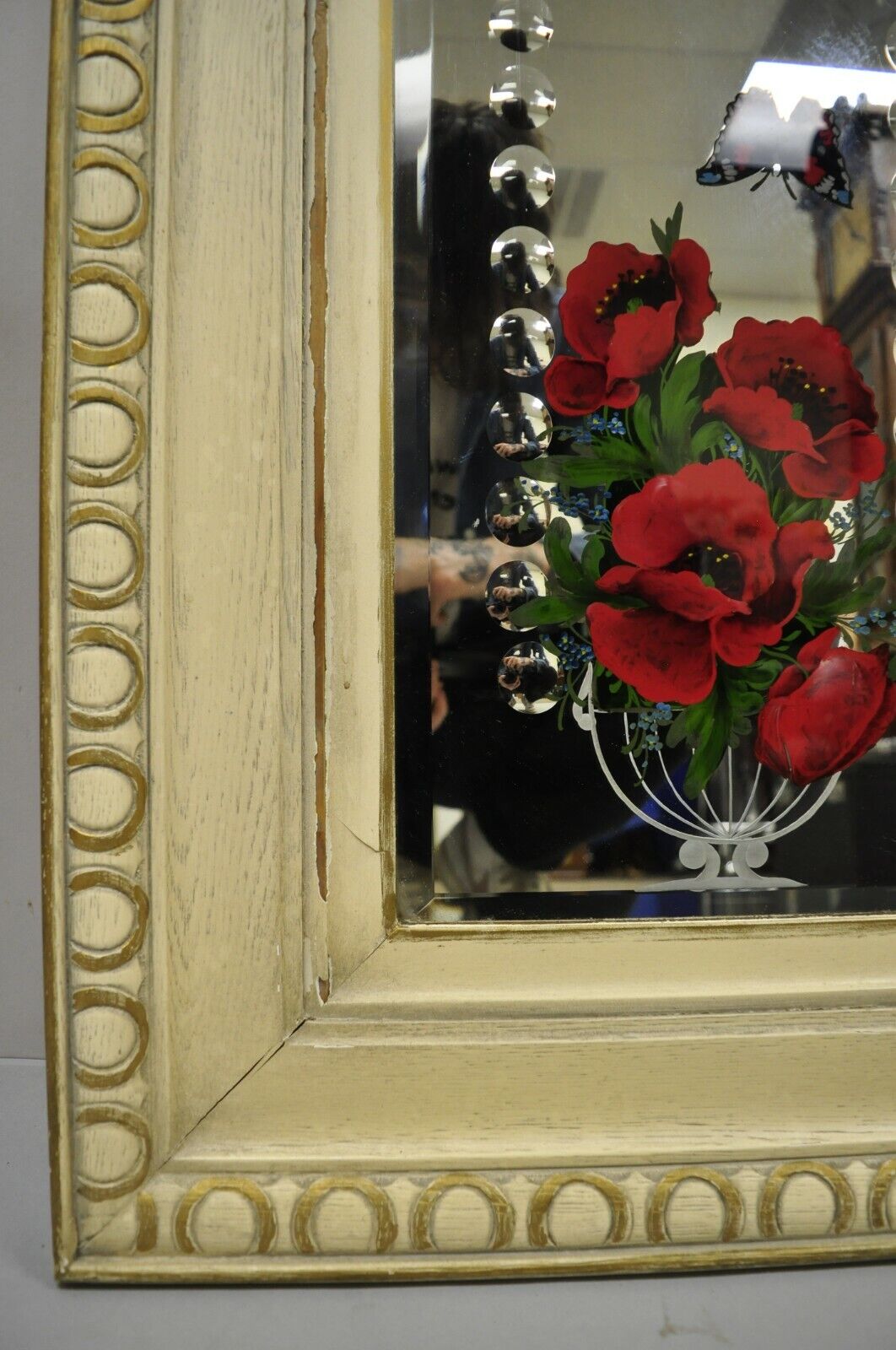 Antique Victorian Bubble Glass Oak Wood Frame Butterfly Flower Mirror - a Pair