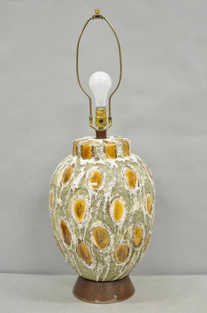 Vintage Mid Century Modern Green Bulbous Ceramic Pottery "Tigers Eye" Table Lamp
