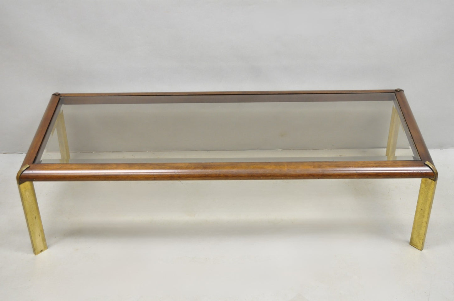 Vintage Lane Mid Century Modern Sculpted Brass Metal Wood Glass Top Coffee Table