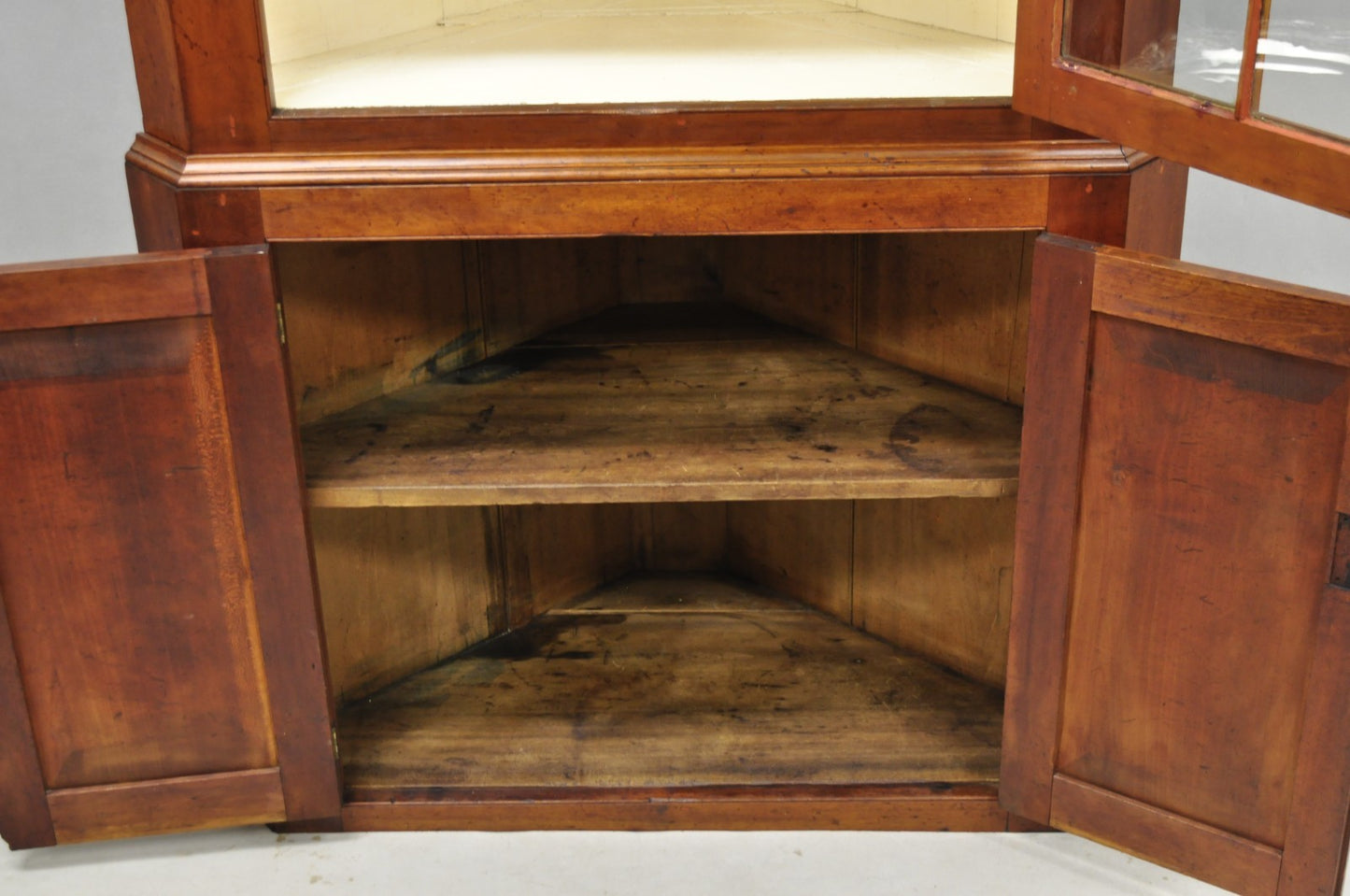 Antique Colonial Primitive Cherry Wood Glass Front Corner China Cabinet Cupboard