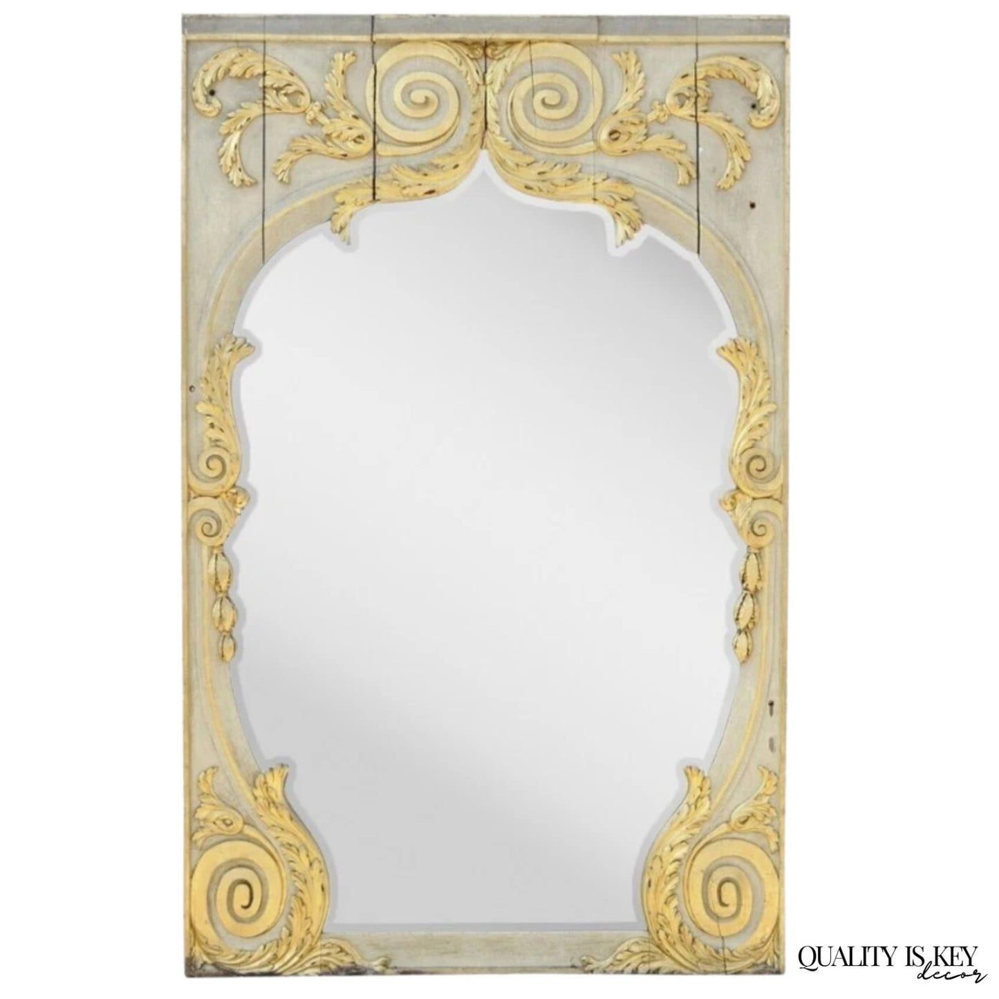 Antique French Rococo Louis XV Style 85" Gold Gilt Cream Painted Trumeau Mirror