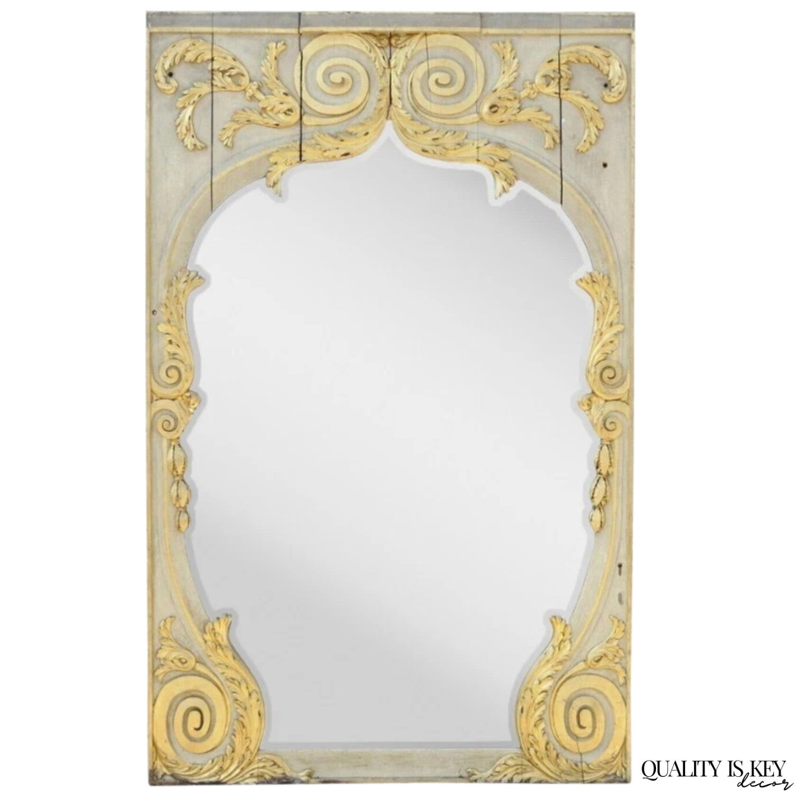 Antique French Rococo Louis XV Style 85" Gold Gilt Cream Painted Trumeau Mirror