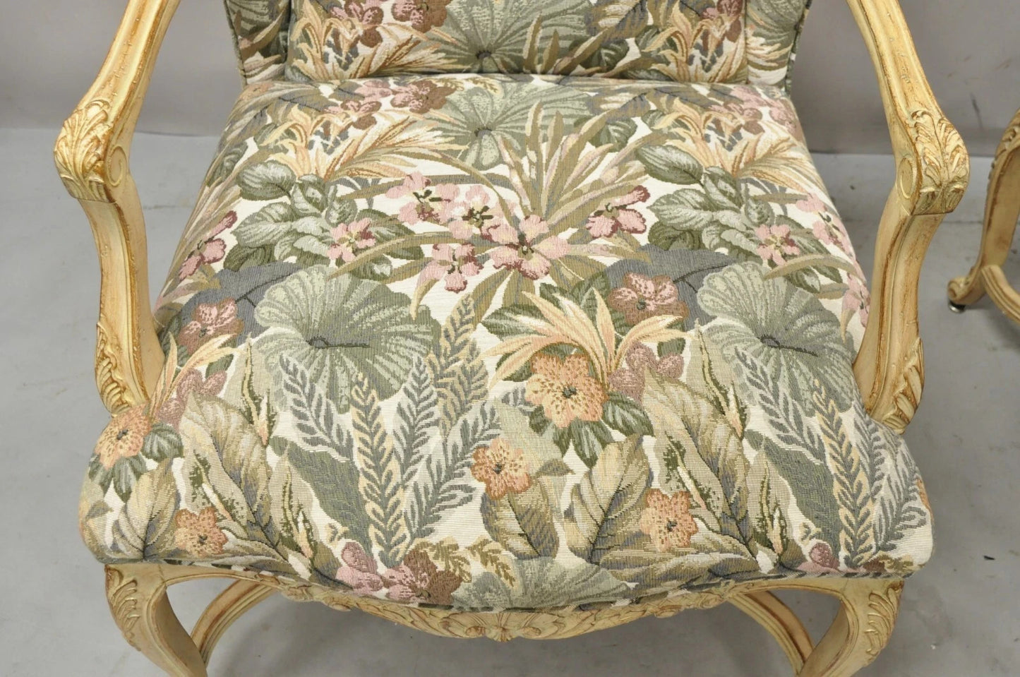 French Country Provincial Louis XV Style Upholstered Wingback Lounge Chairs Pair