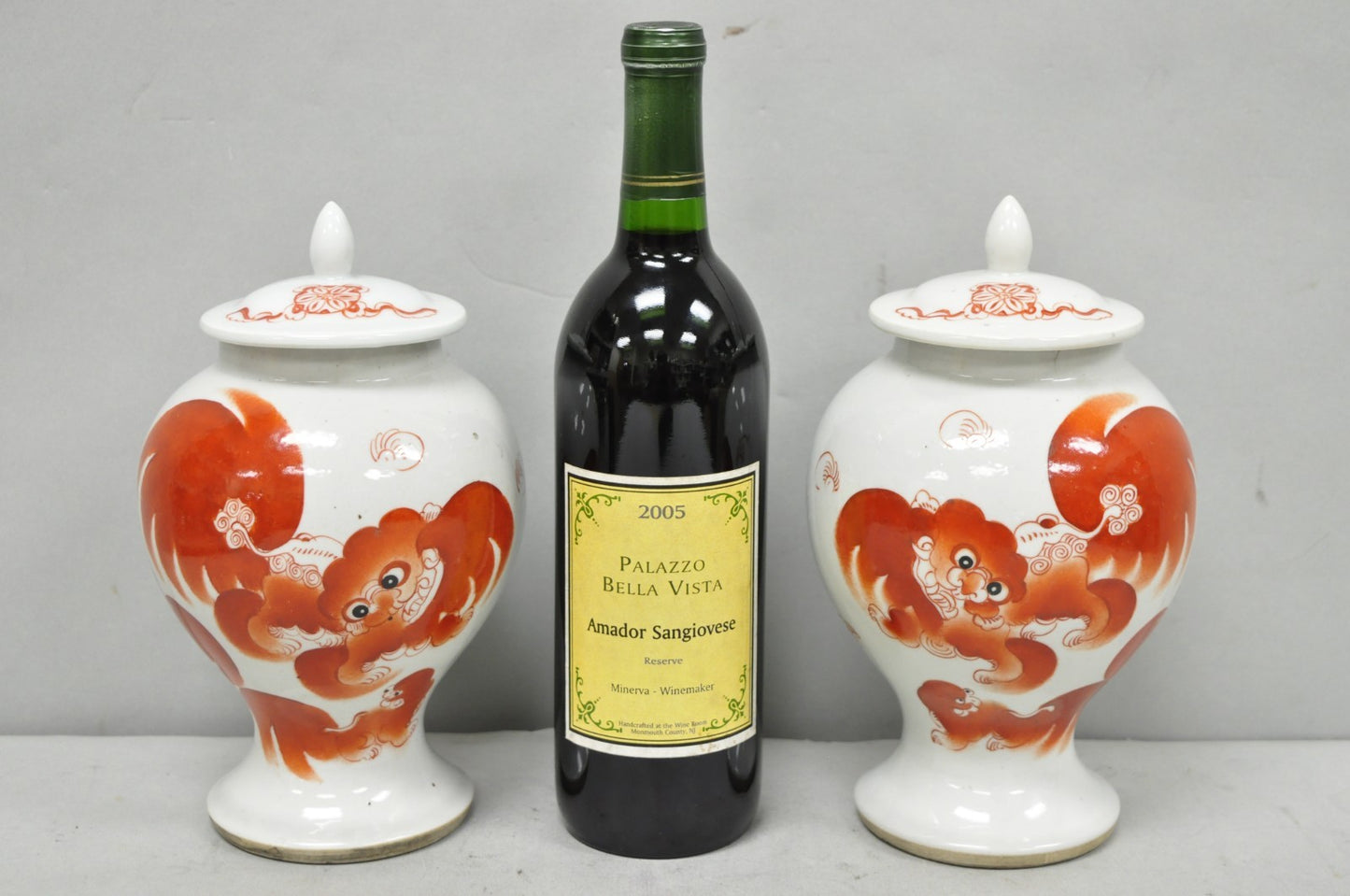 Vintage Chinese Hand Painted Foo Dog Porcelain Covered Ginger Jar - a Pair
