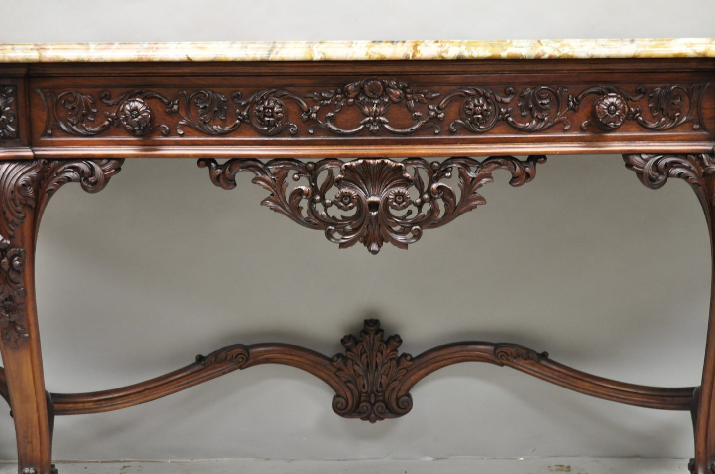 Antique French Baroque Rococo Carved Walnut Marble Top Sideboard Buffet w Drawer