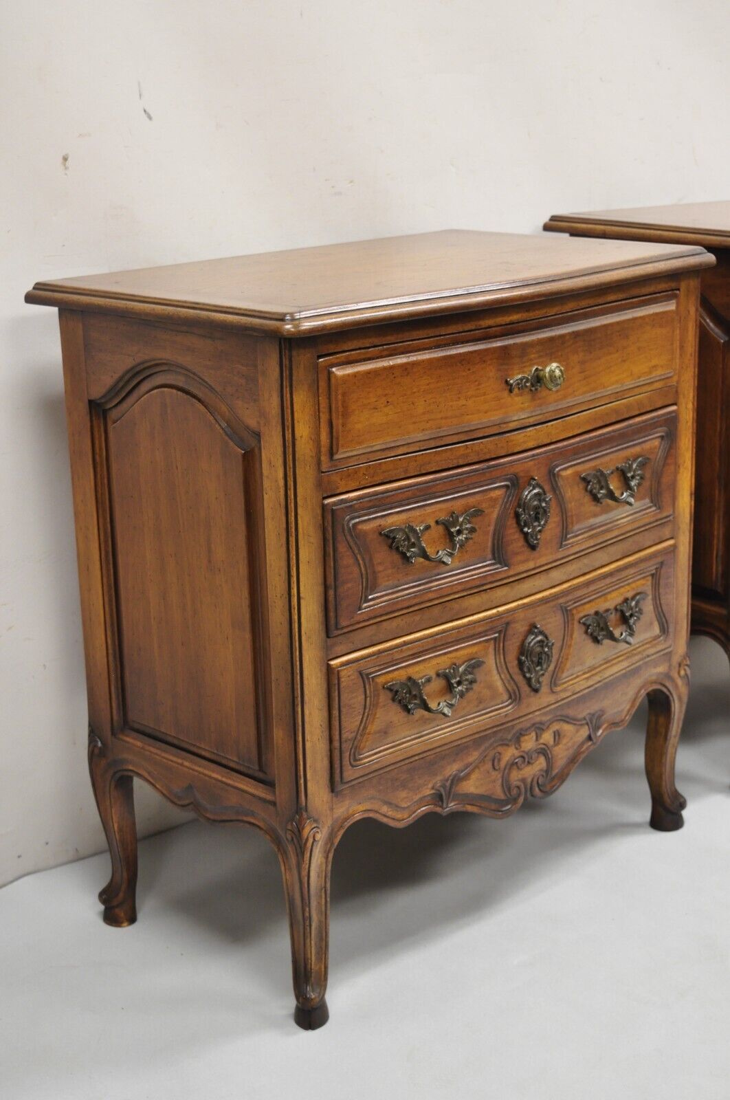 Vintage French Country Provincial Carved Walnut Italian Nightstands - a Pair