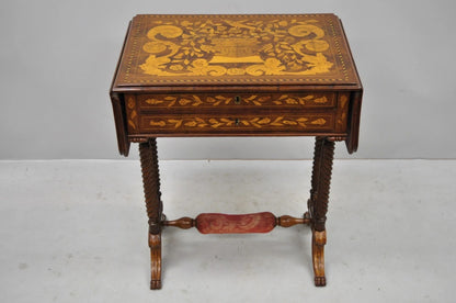 19th C Dutch Marquetry Inlay Regency Style Drop Leaf Sewing Stand Side End Table