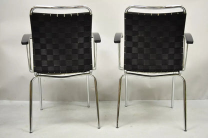 Vintage Mid Century Modern Italian Woven Back Chrome Frame Arm Chairs - a Pair