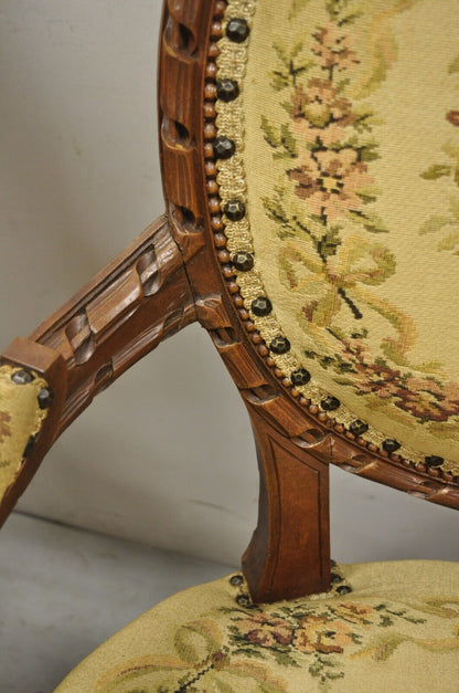 Antique French Country Louis XV Victorian Floral Tapestry Arm Chairs - a Pair