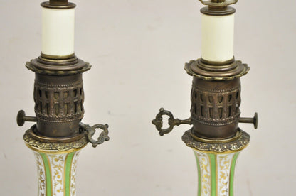 Antique French Victorian Paris Porcelain Green Floral Rose Table Lamps - a Pair