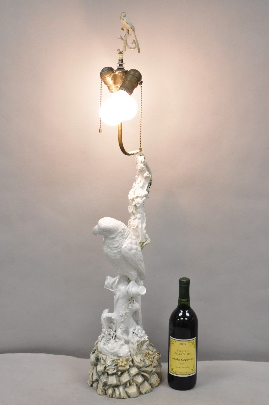 Antique Italian Blanc de Chine White Porcelain Perched Parrot Bird Table Lamp