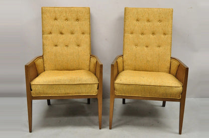 Mid Century Modern Hollywood Regency Sculpted Wood & Cane Lounge Chairs - Pair