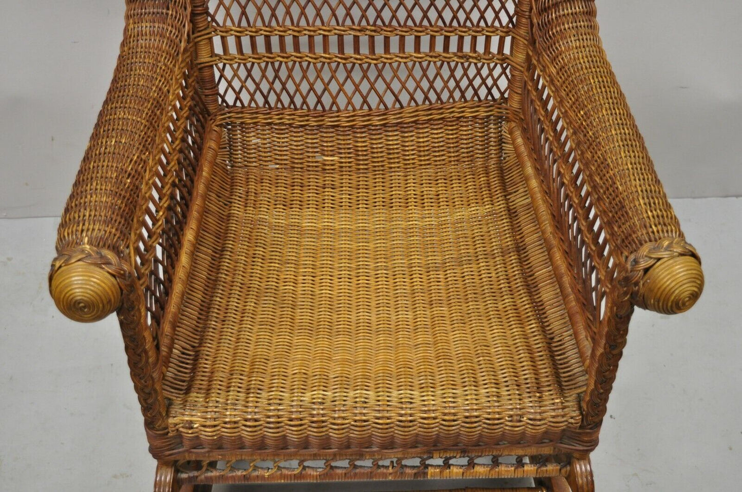 Antique Heywood Wakefield Woven Wicker Victorian Platform Rocker Rocking Chair