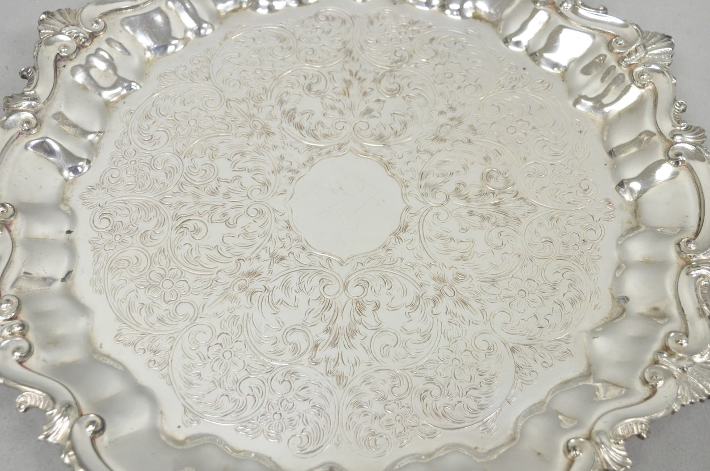 Vintage SBEP Victorian Silver Plated Round Scalloped Salver Bar Tray Platter