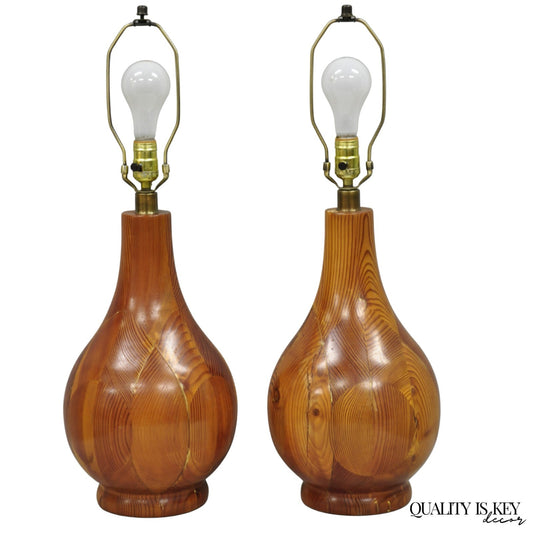 Vintage Mid Century Modern Bulbous Sculpted Swedish Pine Wood Table Lamps, Pair
