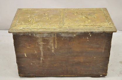 Antique English Victorian Brass Figural Repousse Coal Bin Storage Blanket Chest