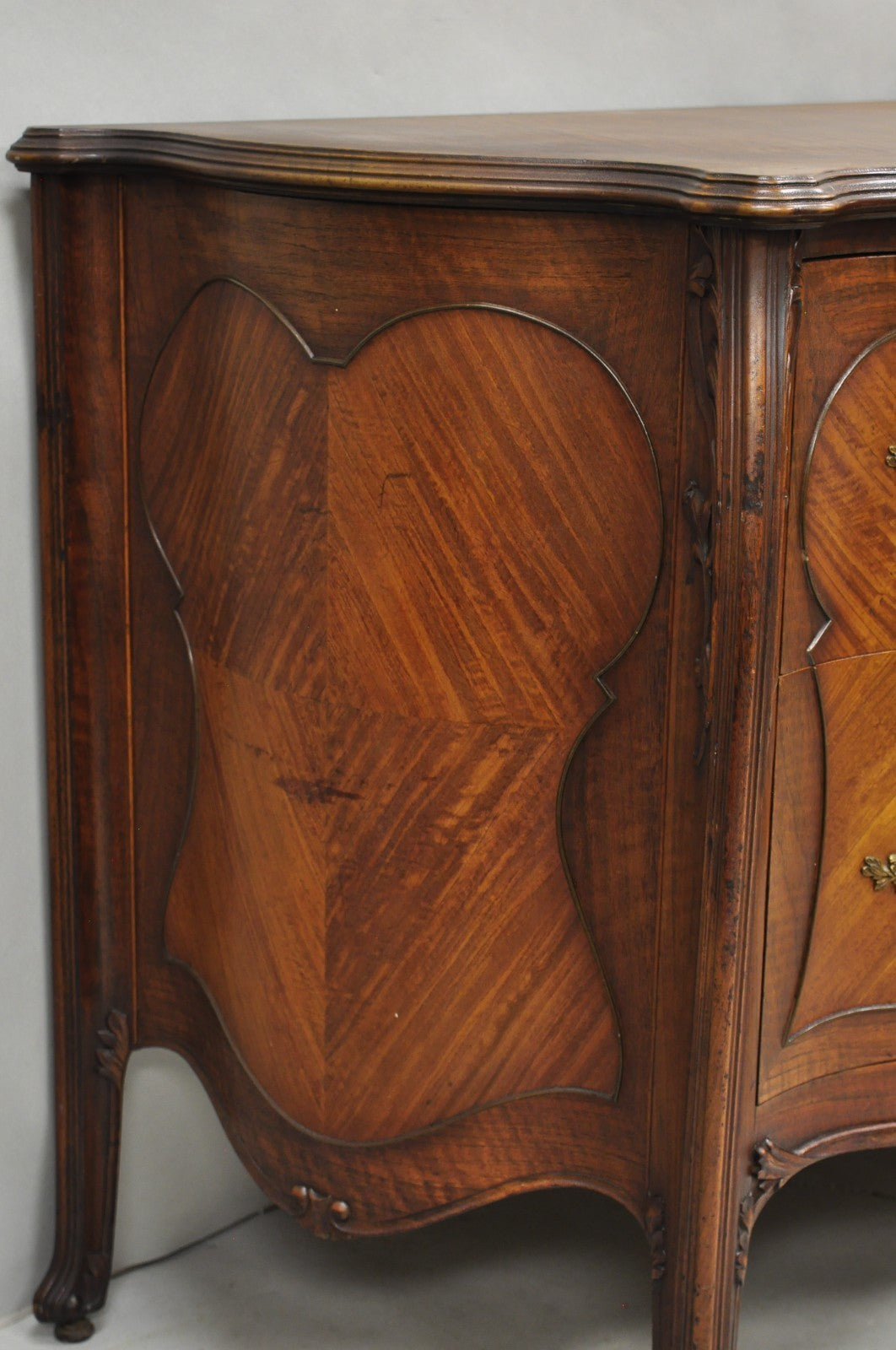 Antique French Louis XV Carved Walnut Inlaid Bombe Demilune Commode Dresser