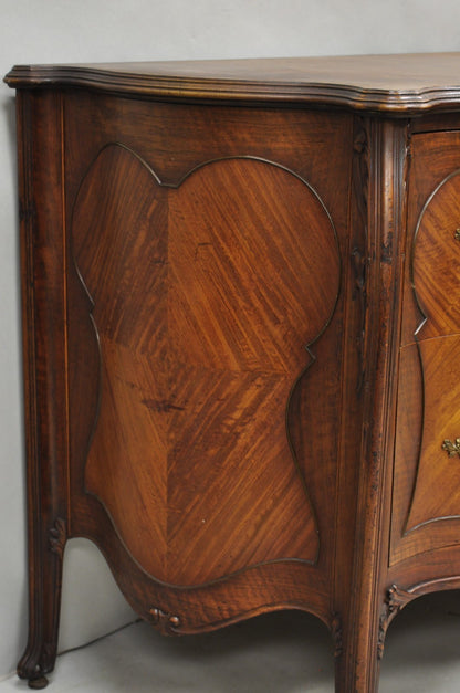 Antique French Louis XV Carved Walnut Inlaid Bombe Demilune Commode Dresser