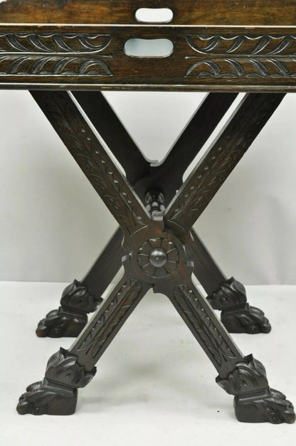 Antique Italian Renaissance Carved Walnut Bar Folding Tray Table w Lion Paw Feet