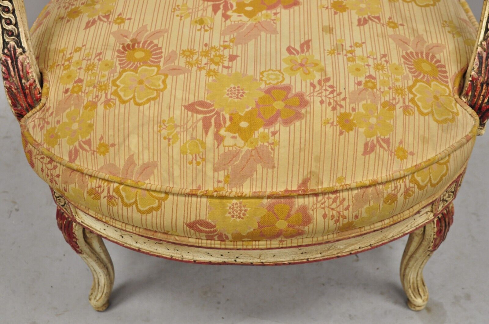 Vintage French Louis XV Style Cream and Red Painted Low Boudoir Fauteuil Chair
