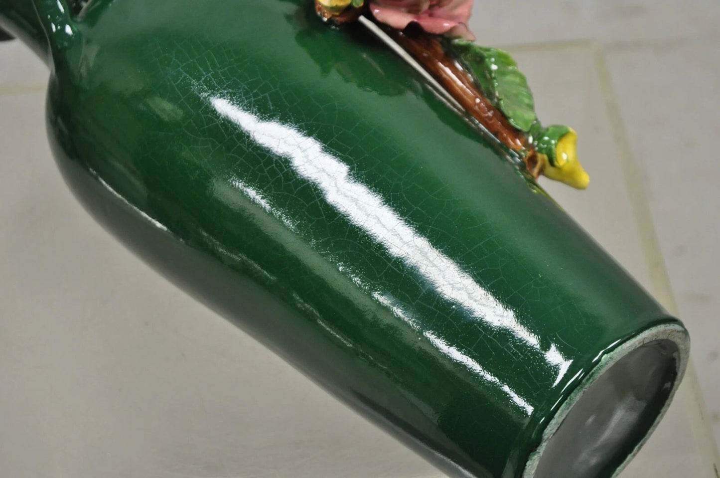 Vintage Victorian Green Porcelain Ceramic 18" Vase w/ Pink & Yellow Flowers