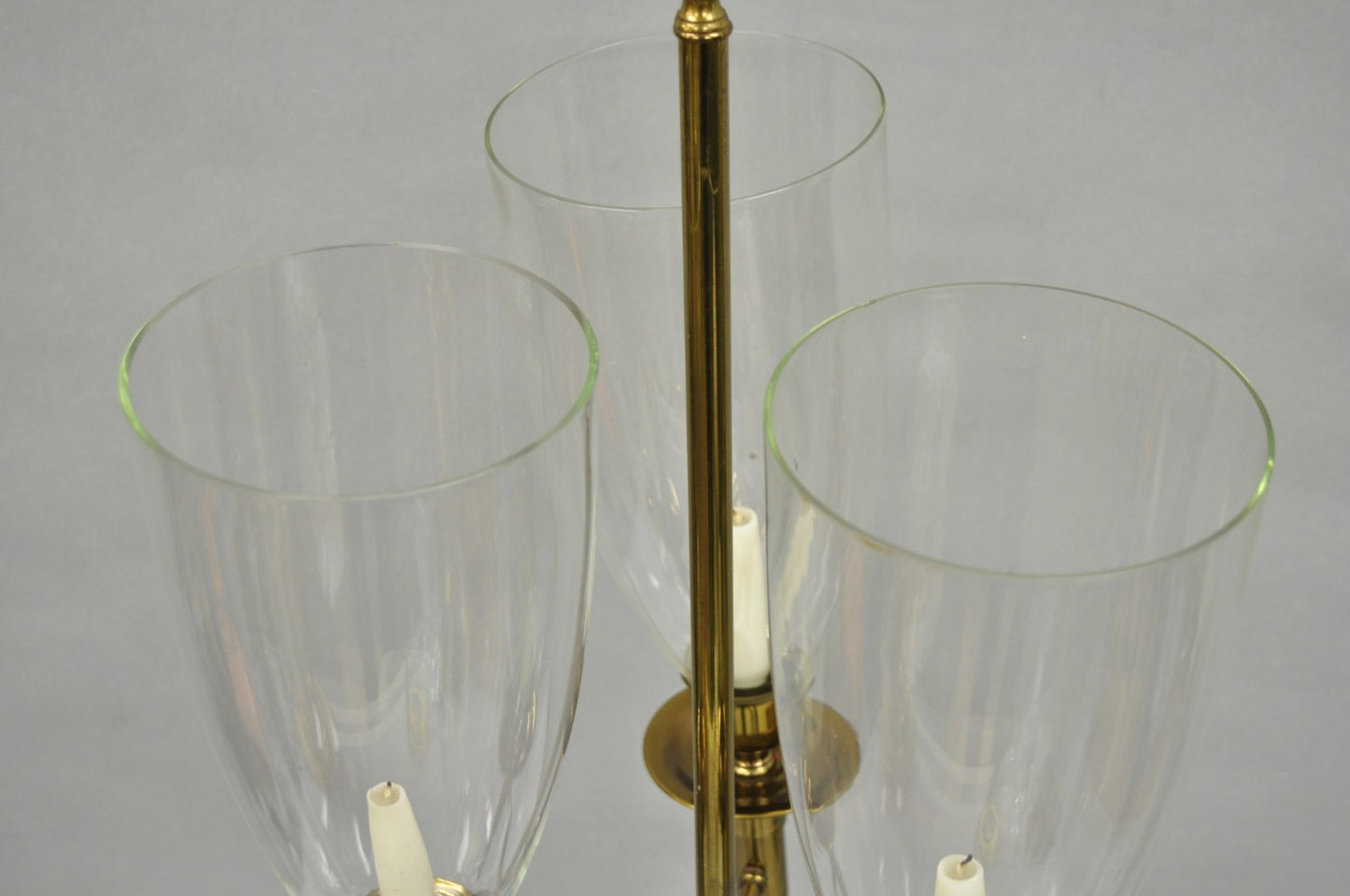 Tommi Parzinger Style Mid Century Modern Tall Brass Hurricane Shade Candelabra