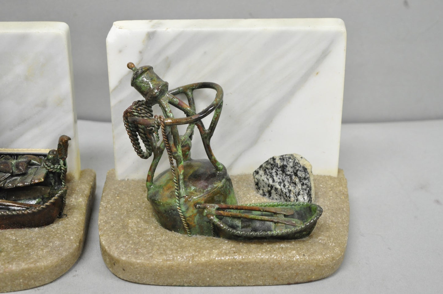 Curtis Clawson Mid Century Modern Brutalist Nautical Bronze & Marble Bookends