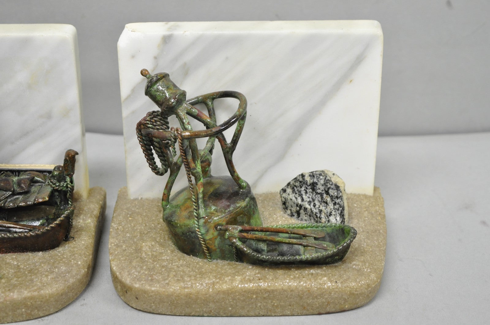 Curtis Clawson Mid Century Modern Brutalist Nautical Bronze & Marble Bookends