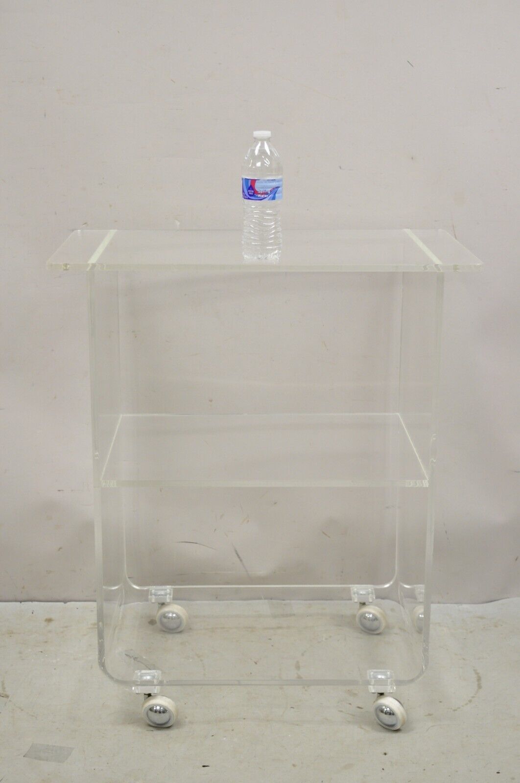 Vintage Clear Lucite Acrylic Mid Century Modern Rolling Bar Cart Side Table