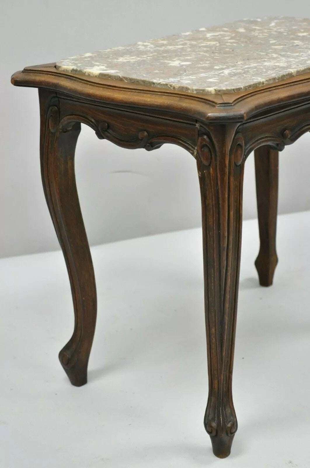 Vintage French Louis XV Style Walnut Marble Top Small Side Coffee Table