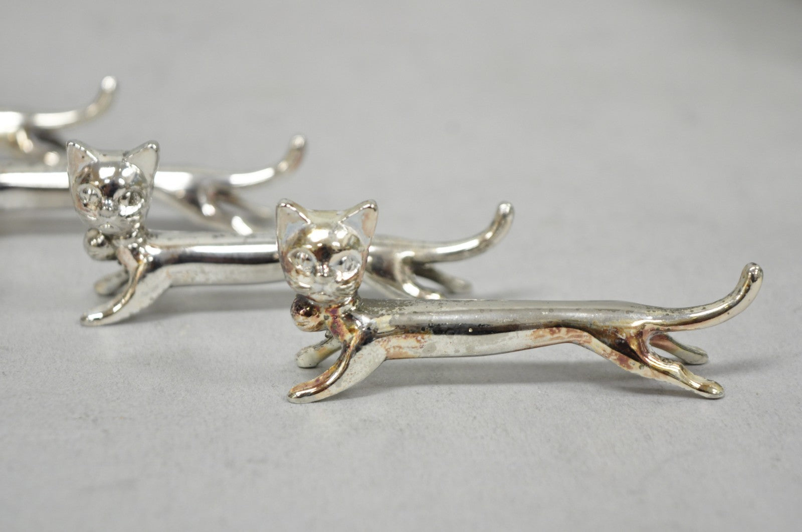 Vintage Art Deco Small Silver Plated Metal Figural Cat Knife Rests - Set of 5