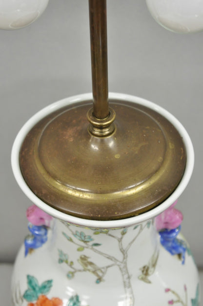 Vintage Oriental Porcelain Jardiniere Vase Bird and Flower Painted Table Lamp