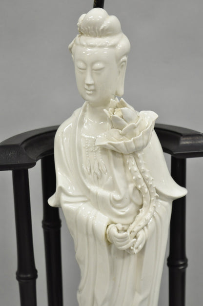 Vintage Chinoiserie Porcelain Guanyin Figure White Blanc de Chine Table Lamp