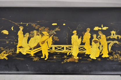 Vintage Chinoiserie Oriental Black Lacquer Gold Gilt Trestle Bench Coffee Table