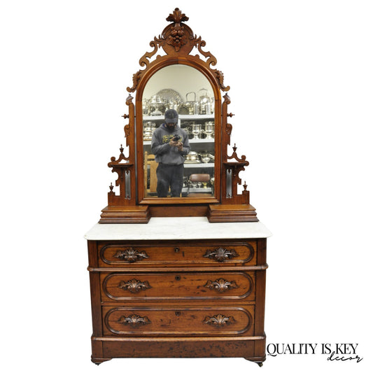 Antique Eastlake Victorian Carved Walnut Marble Top Washstand Dresser w/ Mirror