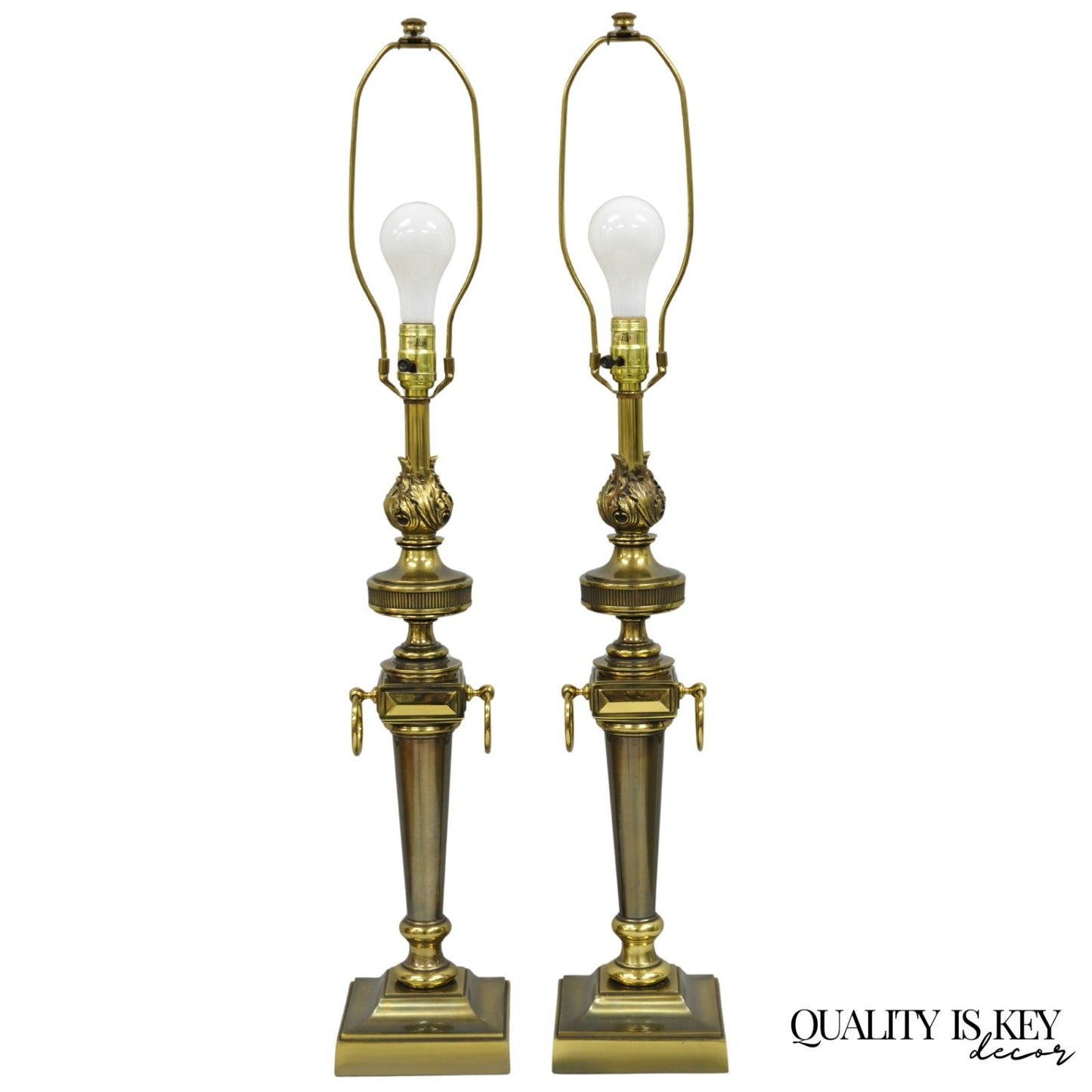 Vintage Stiffel French Neoclassical Style Flame Torch Brass Table Lamps - a Pair