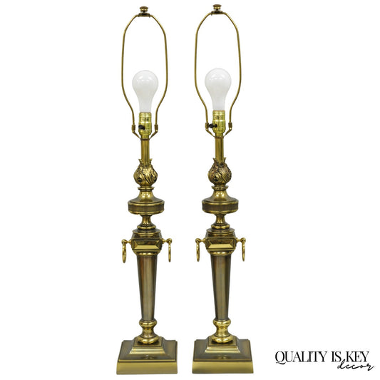 Vintage Stiffel French Neoclassical Style Flame Torch Brass Table Lamps - a Pair