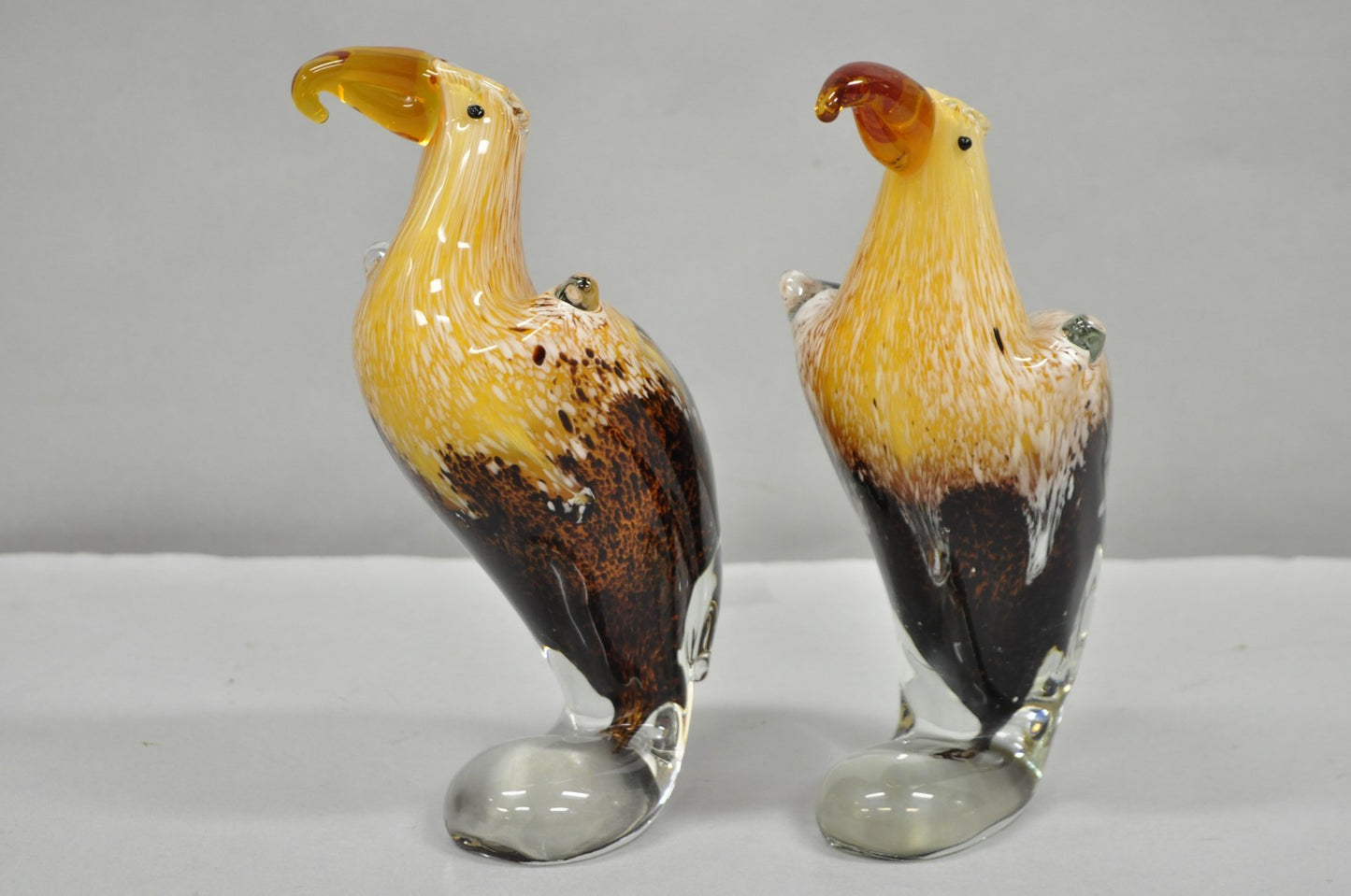 Vintage Murano Style Handblown Art Glass Brown Bald Eagle Bird Figurine - a Pair