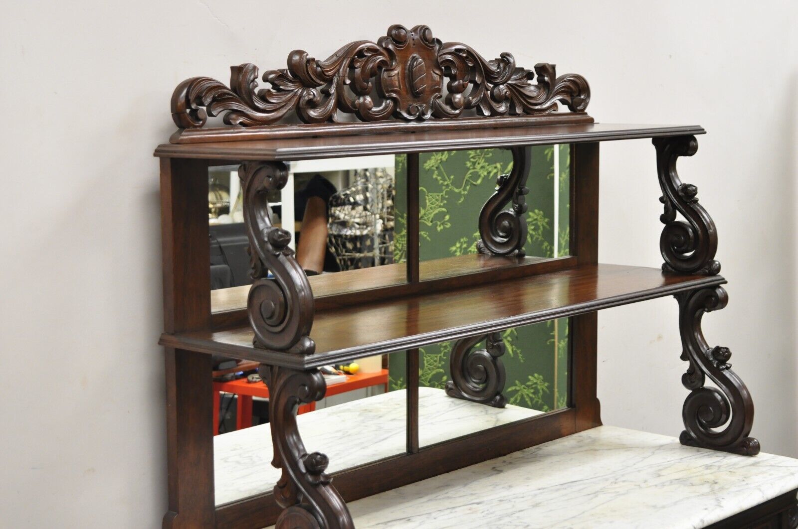 Antique Victorian Rosewood Marble Top Mirror Sideboard Buffet attr. John Jelliff